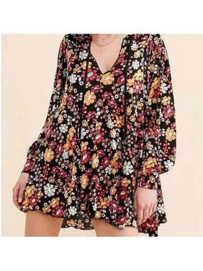 Free People Black Floral Mini Dress with Yellow, Pink & White Blossoms